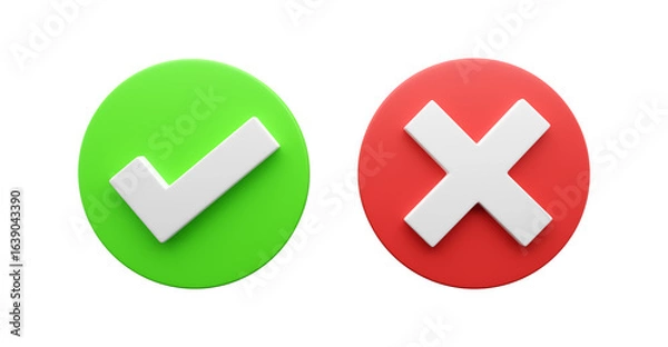 Fototapeta Realistic right and wrong answer 3D icon. Correct and incorrect icons with check mark, Yes No signs. 3D glass accept and rejection. Green and red checkbox mistake Graphic illustration icon set.