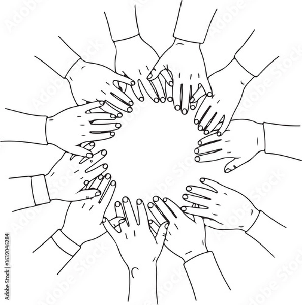 Fototapeta United hands reaching in the center, symbolizing unity, cooperation, teamwork, partnership, line art