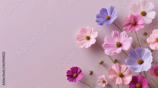 Obraz 薄紫色の背景に咲く様々な色のコスモス
