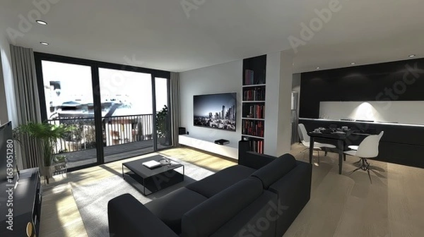 Fototapeta A 100-square-meter luxury minimalist living room with black, white, and gray tones. On the left side, there are large floor-to-ceiling windows leading to a balcony, allowing plenty of natural light.