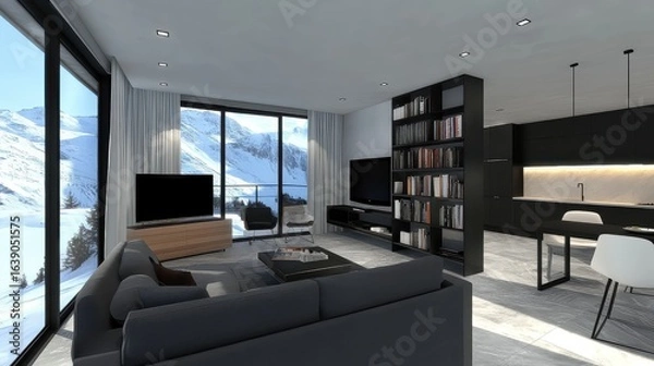 Fototapeta A 100-square-meter luxury minimalist living room with black, white, and gray tones. On the left side, there are large floor-to-ceiling windows leading to a balcony, allowing plenty of natural light.