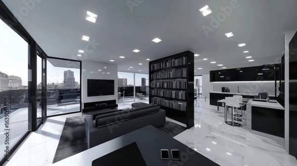 Fototapeta A 100-square-meter luxury minimalist living room with black, white, and gray tones. On the left side, there are large floor-to-ceiling windows leading to a balcony, allowing plenty of natural light.
