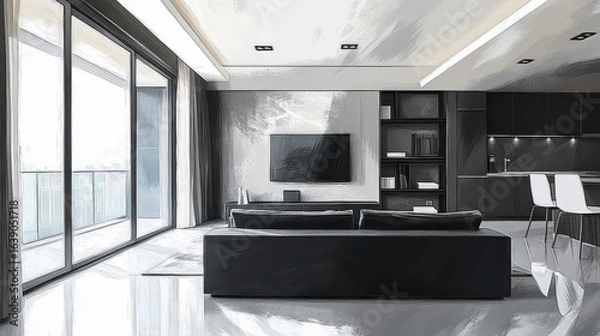 Fototapeta A 100-square-meter luxury minimalist living room with black, white, and gray tones. On the left side, there are large floor-to-ceiling windows leading to a balcony, allowing plenty of natural light.