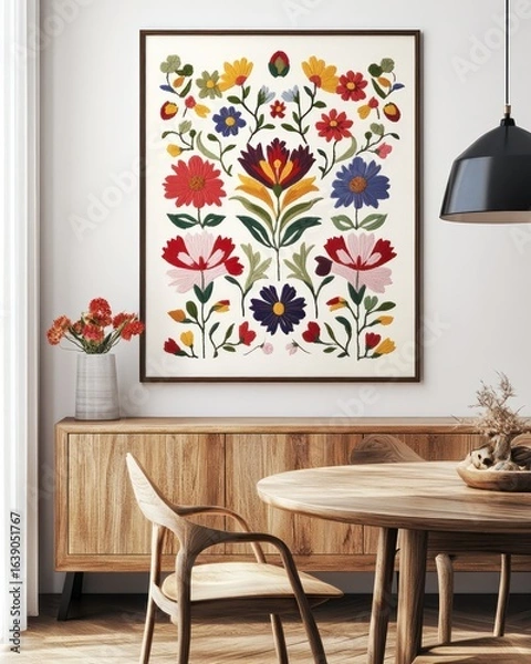 Fototapeta A framed poster with an embroidered floral pattern hanging on the wall, a symmetrical composition, a retro style, a wood grain sideboard and chairs in front of it, a white background