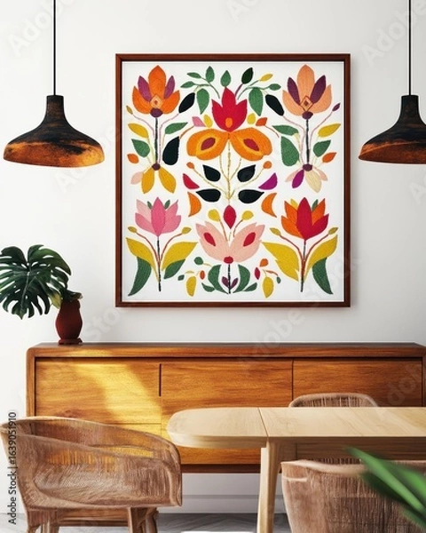 Fototapeta A framed poster with an embroidered floral pattern hanging on the wall, a symmetrical composition, a retro style, a wood grain sideboard and chairs in front of it, a white background
