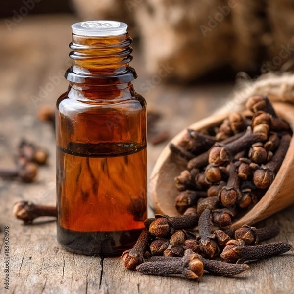 Fototapeta Aromatic Cloves Essential Oil Premium Quality in a Rustic Brown Bottle Perfect for Natural Wellness and Home Fragrance