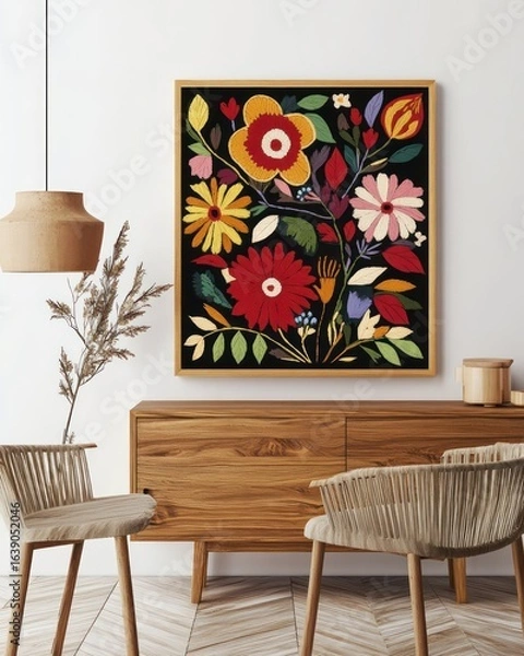 Fototapeta A framed poster with an embroidered floral pattern hanging on the wall, a symmetrical composition, a retro style, a wood grain sideboard and chairs in front of it