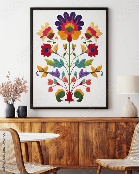 Fototapeta A framed poster with an embroidered floral pattern hanging on the wall, a symmetrical composition, a retro style, a wood grain sideboard and chairs in front of it