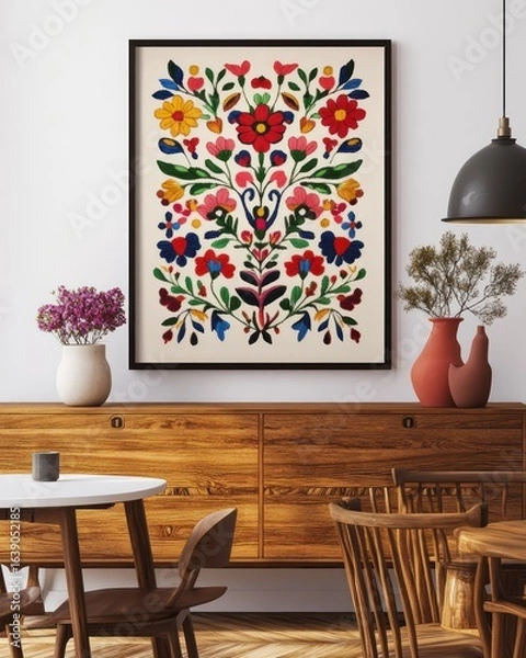 Fototapeta A framed poster with an embroidered floral pattern hanging on the wall, a symmetrical composition, a retro style, a wood grain sideboard and chairs in front of it