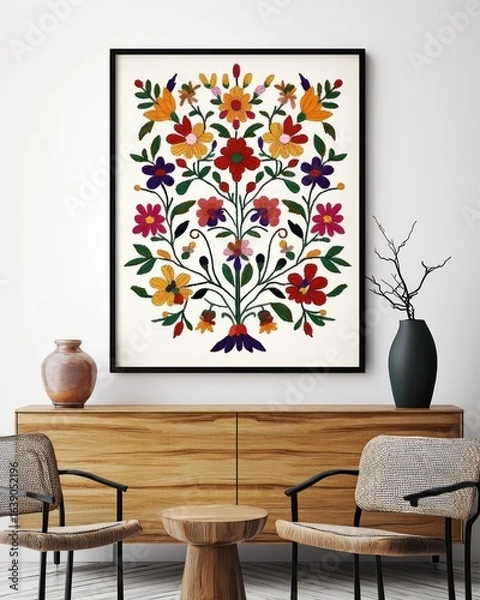 Fototapeta A framed poster with an embroidered floral pattern hanging on the wall, a symmetrical composition, a retro style, a wood grain sideboard and chairs in front of it