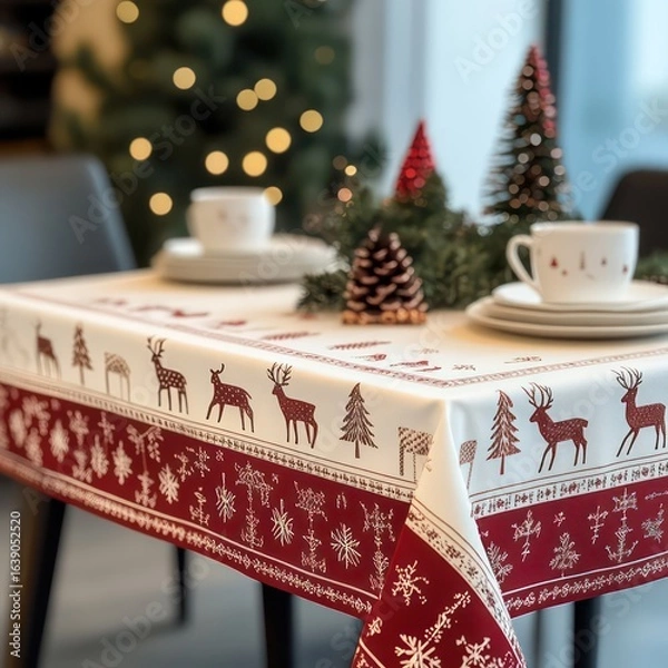 Fototapeta Red and white tablecloth with Christmas deer motifs embroidered on top. The design includes geometric forms in a variety of sizes and colors. Beige border. Adds a festive feel. Graphic design drawing