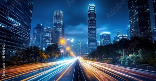 Fototapeta Nighttime cityscape featuring a busy multi-lane highway with bright light trails from fast-moving vehicles amidst tall illuminated skyscrapers under a deep blue sky