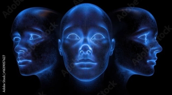 Obraz Three glowing blue digital human faces showing front and side profiles with a futuristic and technological vibe on a black background