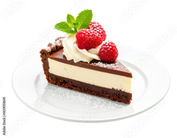Obraz Slice of layered chocolate cheesecake tart with fresh raspberries mint and whipped cream.