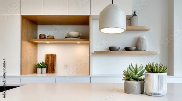 Obraz Modern Minimalist Kitchen with Open Shelving and Plants
