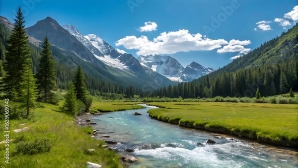 Fototapeta captures a breathtaking alpine landscape. A crystal-clear, turquoise river meanders through a lush green valley, reflecting the vibrant blue sky with fluffy white clouds. Towering pine forests line th