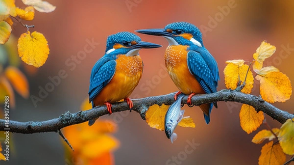 Fototapeta Colorful kingfishers on branch with autumn leaves, catching fish