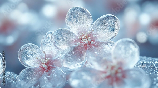 Fototapeta Close-up of icy, crystal-clear cherry blossoms in soft focus; blurred background of more blossoms