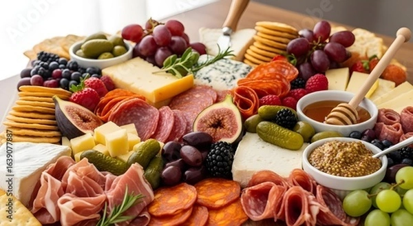 Fototapeta Overhead view of charcuterie board with variety of meats, cheese, fruits, and crackers