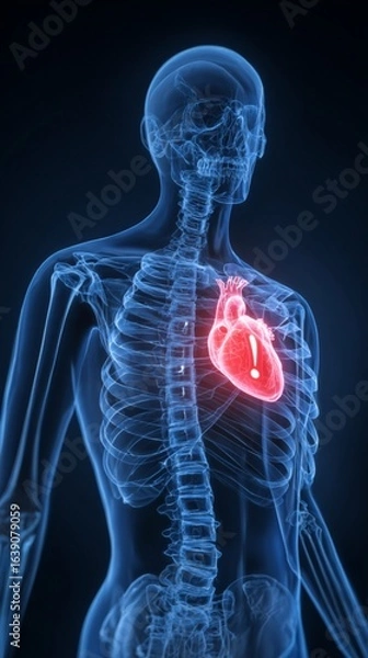 Fototapeta Medical illustration in X-ray style of a standing human skeleton in blue tones, person at risk of heart attack