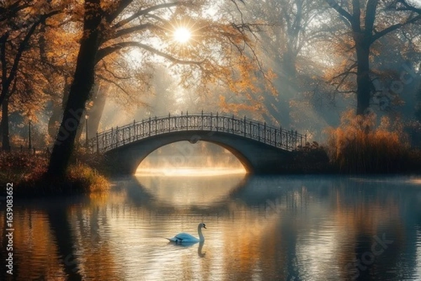 Obraz Tranquil autumn scene with a swan swimming on a foggy lake under an ornamental stone bridge and golden sunlight filtering through orange-leaved trees