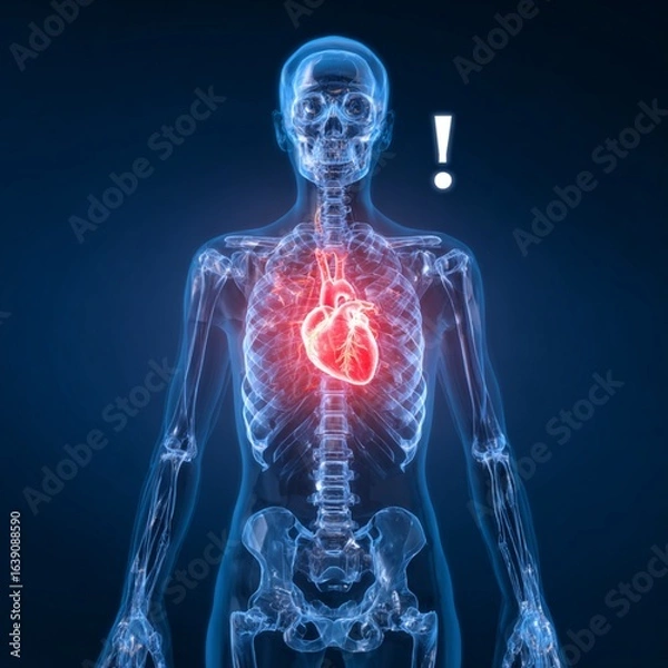 Fototapeta Medical illustration in X-ray style of a standing human skeleton in blue tones, person at risk of heart attack, skeleton inside