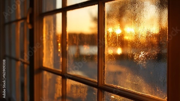Fototapeta Looking Through Window at Warm Sunset Light and Reflections