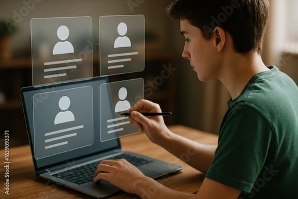 Obraz Person interacting with a laptop displaying digital profiles.
