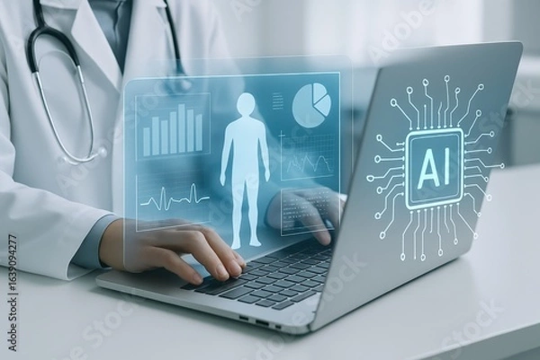Obraz Medical professional using a laptop with artificial intelligence interface.