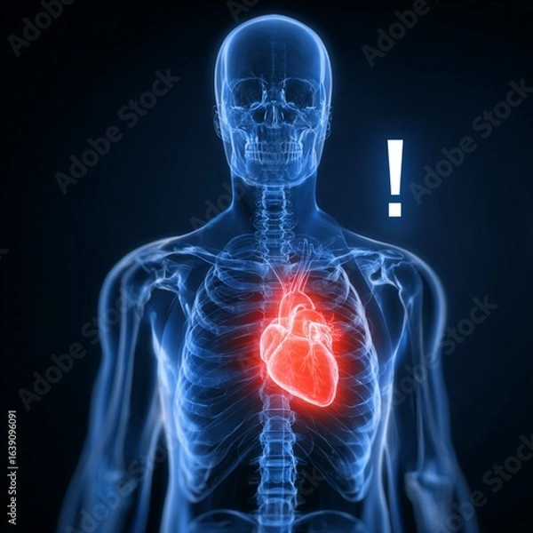 Fototapeta Medical illustration in X-ray style of a standing human skeleton in blue tones, person at risk of heart attack, skeleton inside with white exclamation mark
