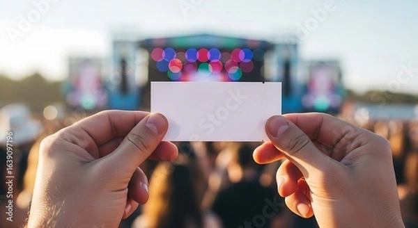 Fototapeta A person's hands hold a blank white ticket in front of a blurred stage at an outdoor music festival.