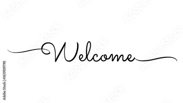 Fototapeta A simple black and white image featuring the word welcome in a cursive handwriting style font design