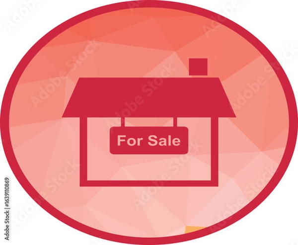 Obraz House for sale icon in a red circle with modern geometric background, perfect for real estate listings, property ads, home rental platforms, agency branding, and marketing materials