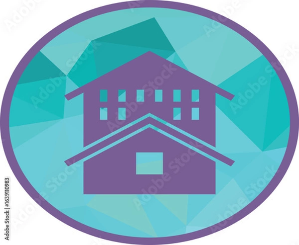 Obraz Minimalist geometric house icon with teal background, perfect for real estate branding, property listings, home decor designs, architectural logos, and modern housing promotional materials