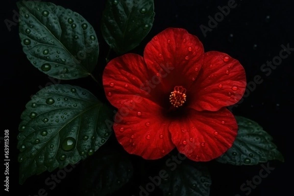 Fototapeta A solitary red hibiscus stands out against a dark backdrop, its vibrant petals glistening with dew drops