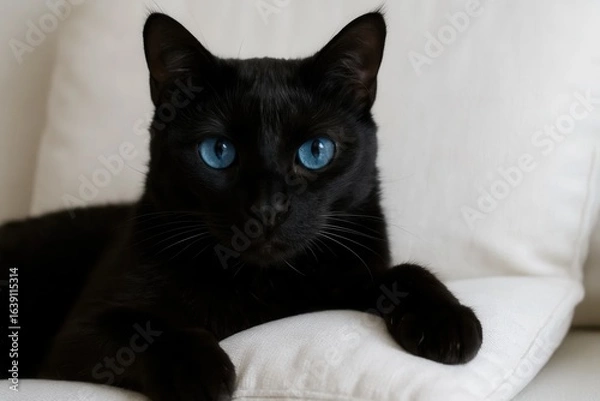 Fototapeta A serene black cat with striking blue eyes lounges on a white cushion, embodying tranquility and elegance