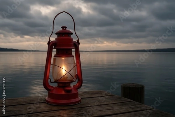 Fototapeta A solitary red lantern casts a warm glow on a serene lakeside at dusk