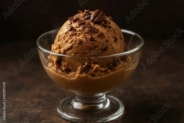 Fototapeta Indulge in the richness of chocolate ice cream, garnished with a sprinkle of cocoa nibs, served in a transparent bowl on a dark backdrop