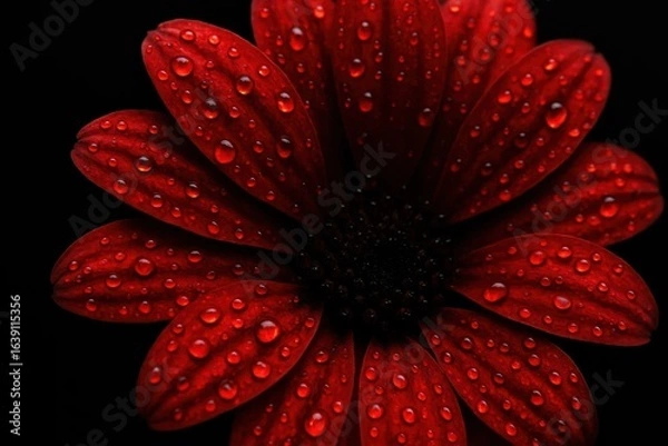 Fototapeta A Detailed Close-Up of a Vibrant Red Flower with Water Droplets Capturing the Essence of Nature's Beauty