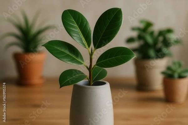 Fototapeta A serene indoor garden scene featuring a lush green plant with vibrant leaves, elegantly placed in a simple gray vase on a wooden table, surrounded by other potted plants in the background
