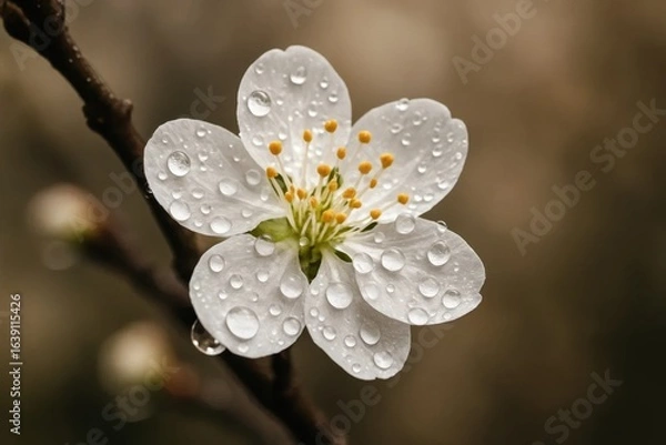 Fototapeta A solitary white flower with dew-kissed petals stands out against a blurred backdrop of nature's soft hues, evoking a sense of tranquility and the simple beauty found in everyday moments