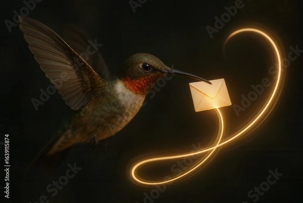Fototapeta A lone hummingbird, bathed in a soft glow of light, holds an envelope aloft, as if ready to deliver a message across the dark expanse