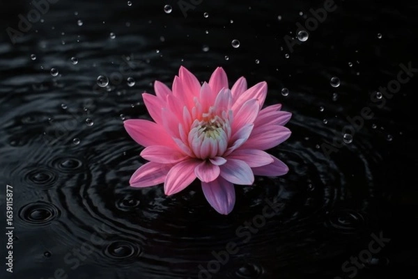 Fototapeta A Pink Lotus Blooms on a Black Rippled Surface with Water Droplets