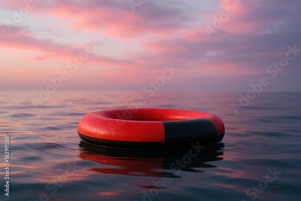 Fototapeta A Red Inflatable Ring on a Tranquil Sea at Sunset