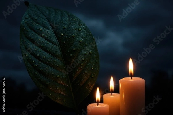 Fototapeta A solitary leaf glistens with dew against a backdrop of darkness, accompanied by three burning candles that cast a warm, inviting light