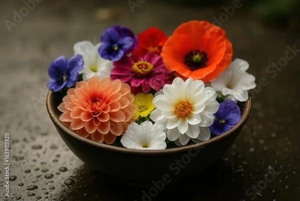 Fototapeta A vibrant bouquet of nature's palette in a simple black bowl, symbolizing beauty amidst simplicity