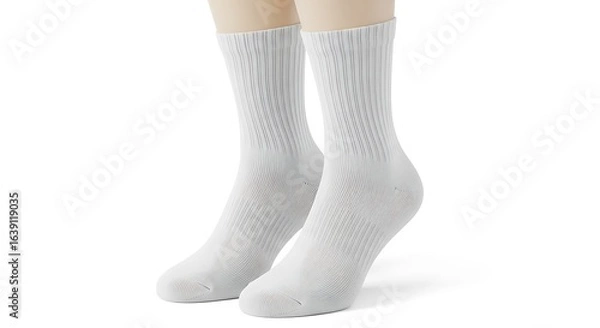Fototapeta A pair of classic white ribbed crew socks displayed on mannequin feet against a plain white background.