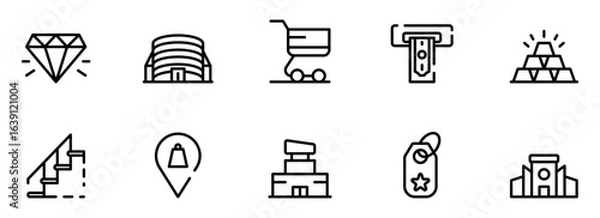 Fototapeta Modern Line Icons: Shopping, Finance, Luxury, and Location Symbols;  Clean, Minimalist Style;  Bold Black on White Background.