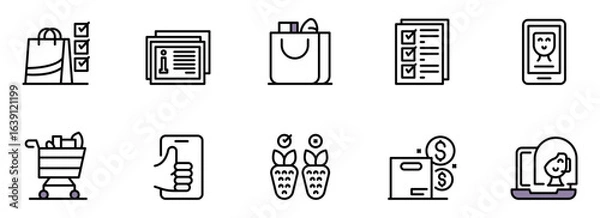 Fototapeta Modern Line Icons: Shopping, Checklist, Finance, and Customer Satisfaction,  Positive Branding,  E-commerce,  Mobile App,  User Experience Design Elements.
