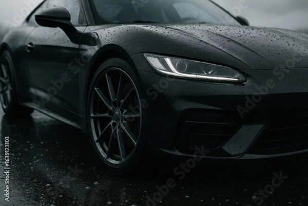 Fototapeta A solitary black sports car stands in the rain, its sleek design reflecting the muted light of a gloomy sky